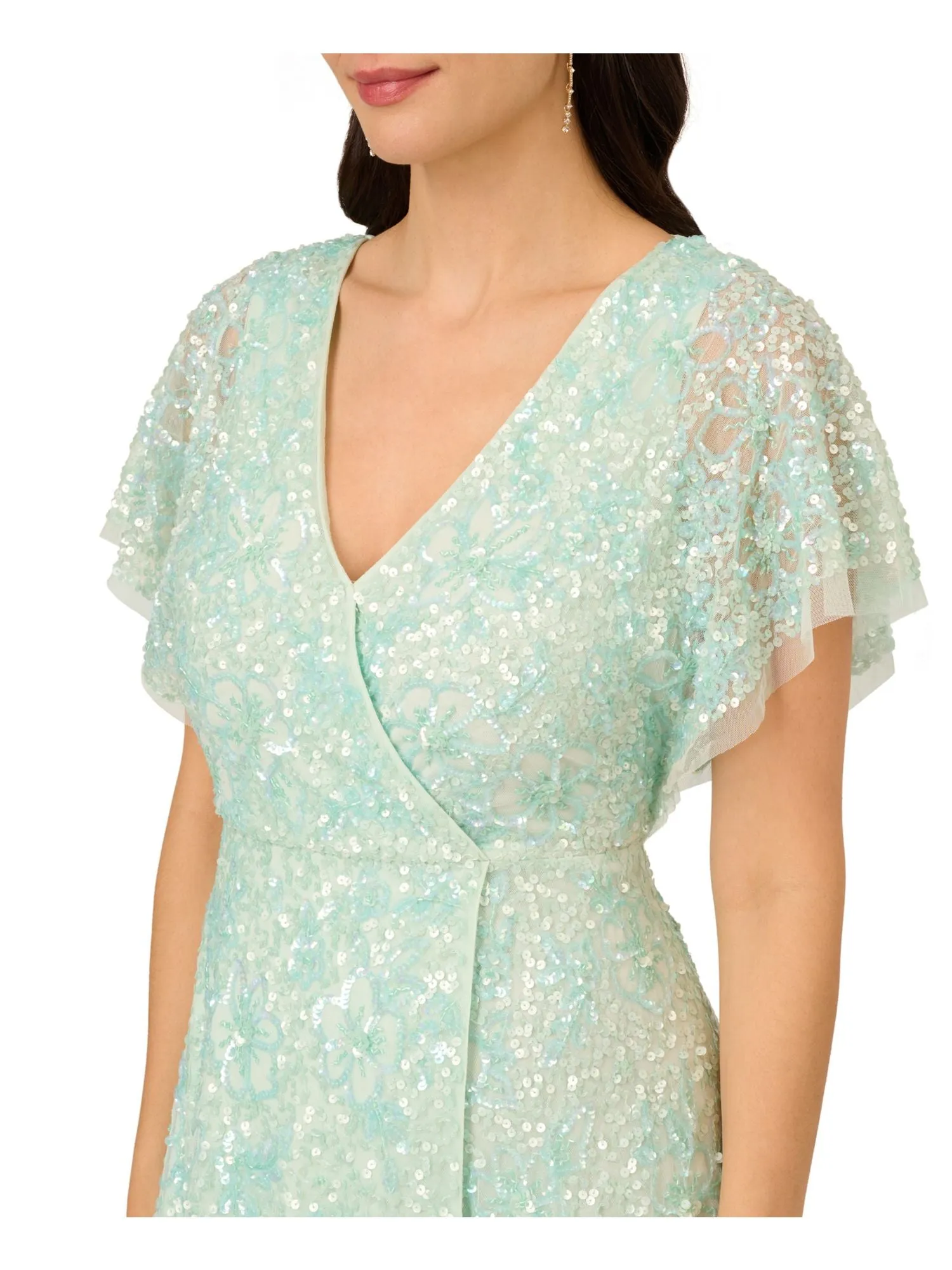 ADRIANNA PAPELL Womens Green Sequined Zippered Lined Hi-lo Hem Flutter Sleeve Surplice Neckline Below The Knee Evening Faux Wrap Dress