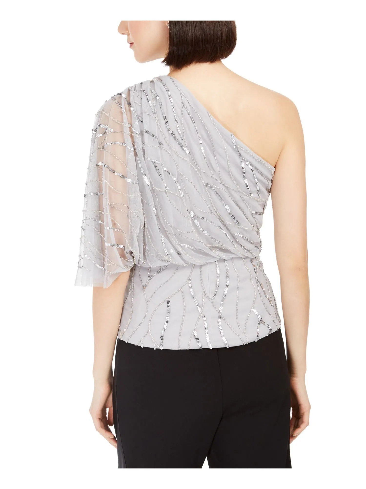 ADRIANNA PAPELL Womens Sequined Sheer Patterned Sleeveless Asymmetrical Neckline Evening Top