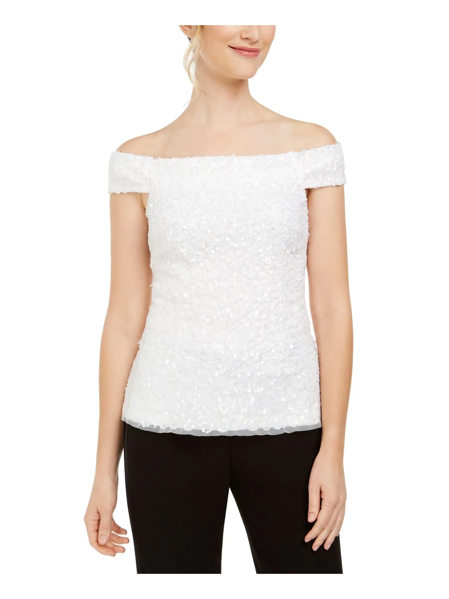 ADRIANNA PAPELL Womens White Sequined Sleeveless Off Shoulder Party Top