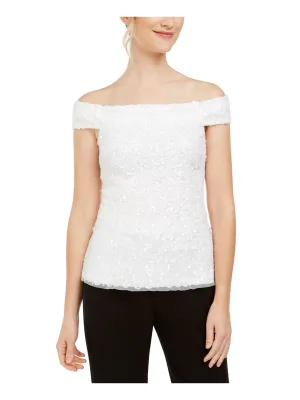 ADRIANNA PAPELL Womens White Sequined Sleeveless Off Shoulder Party Top