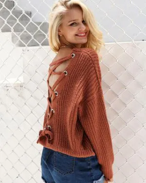 Backless Lace-Up Knitted Sweater