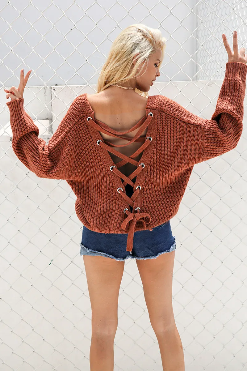 Backless Lace-Up Knitted Sweater