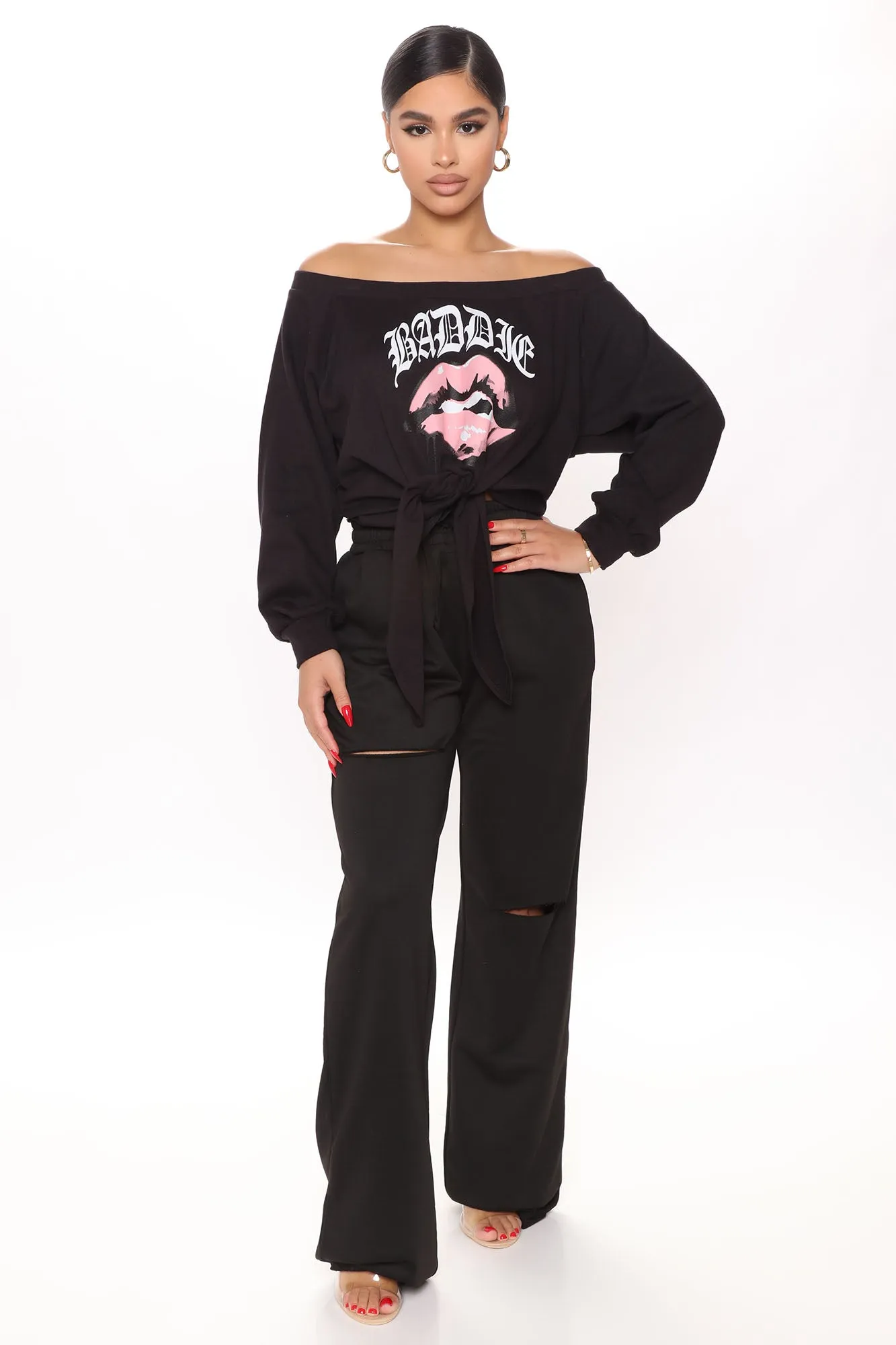 Baddie Got Them Lips Off Shoulder Top - Black