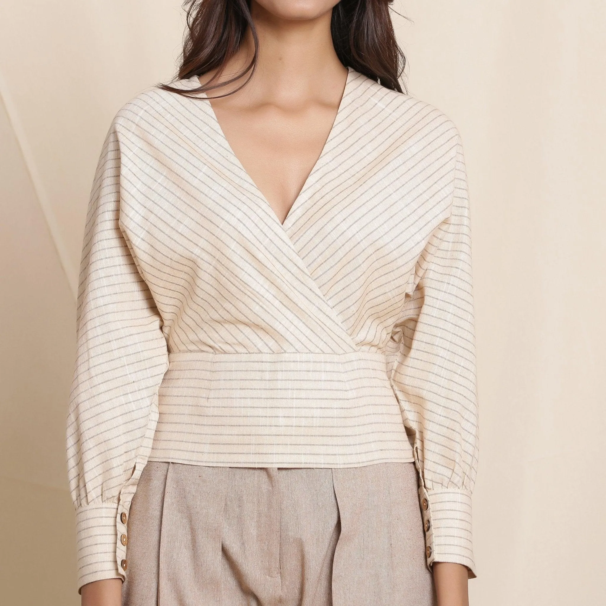 Beige Striped Surplice Neck Cotton Blouson Wrap Top