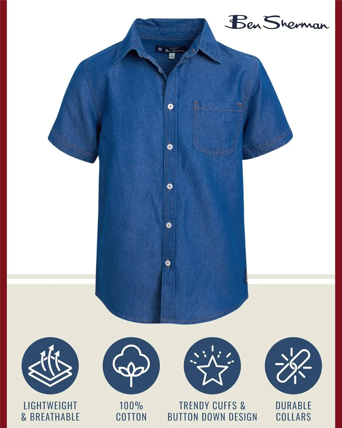 Ben Sherman Boys' Short Sleeve Button Down Shirt - 2 Pack 100% Cotton Breathable Woven Dress Shirts for Boys (Sizes: 8-18)