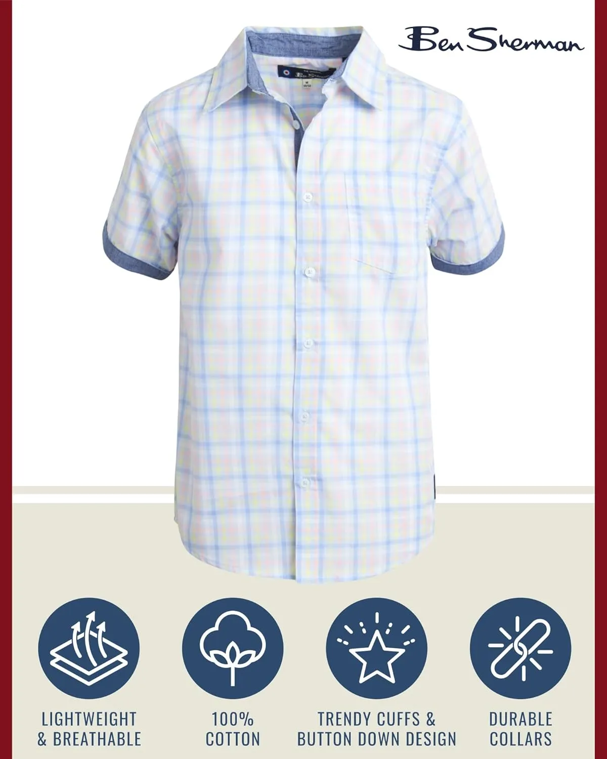 Ben Sherman Boys' Short Sleeve Button Down Shirt - 2 Pack 100% Cotton Breathable Woven Dress Shirts for Boys (Sizes: 8-18)