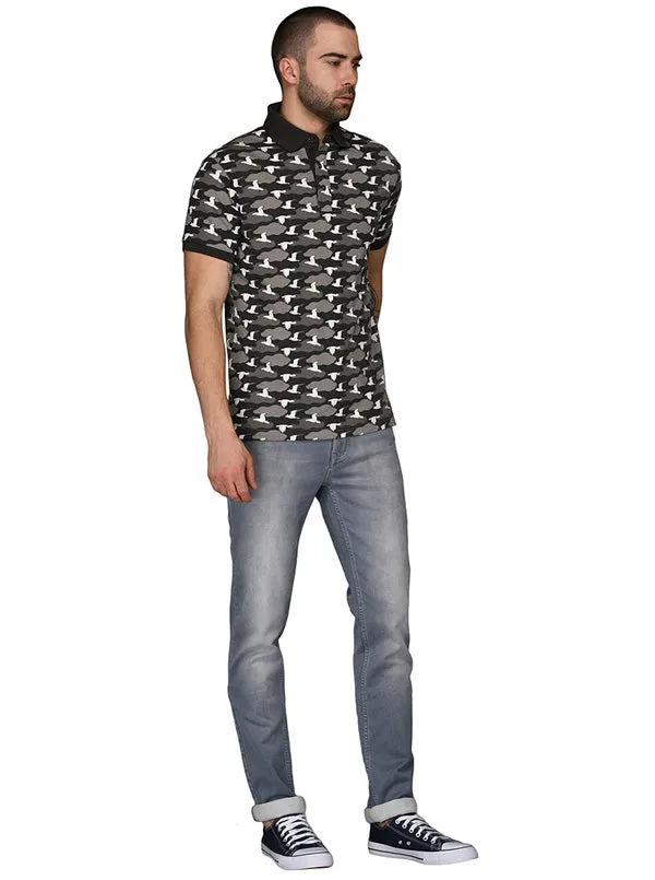 Black & Grey Printed Slim Fit Polo T-Shirt | JadeBlue