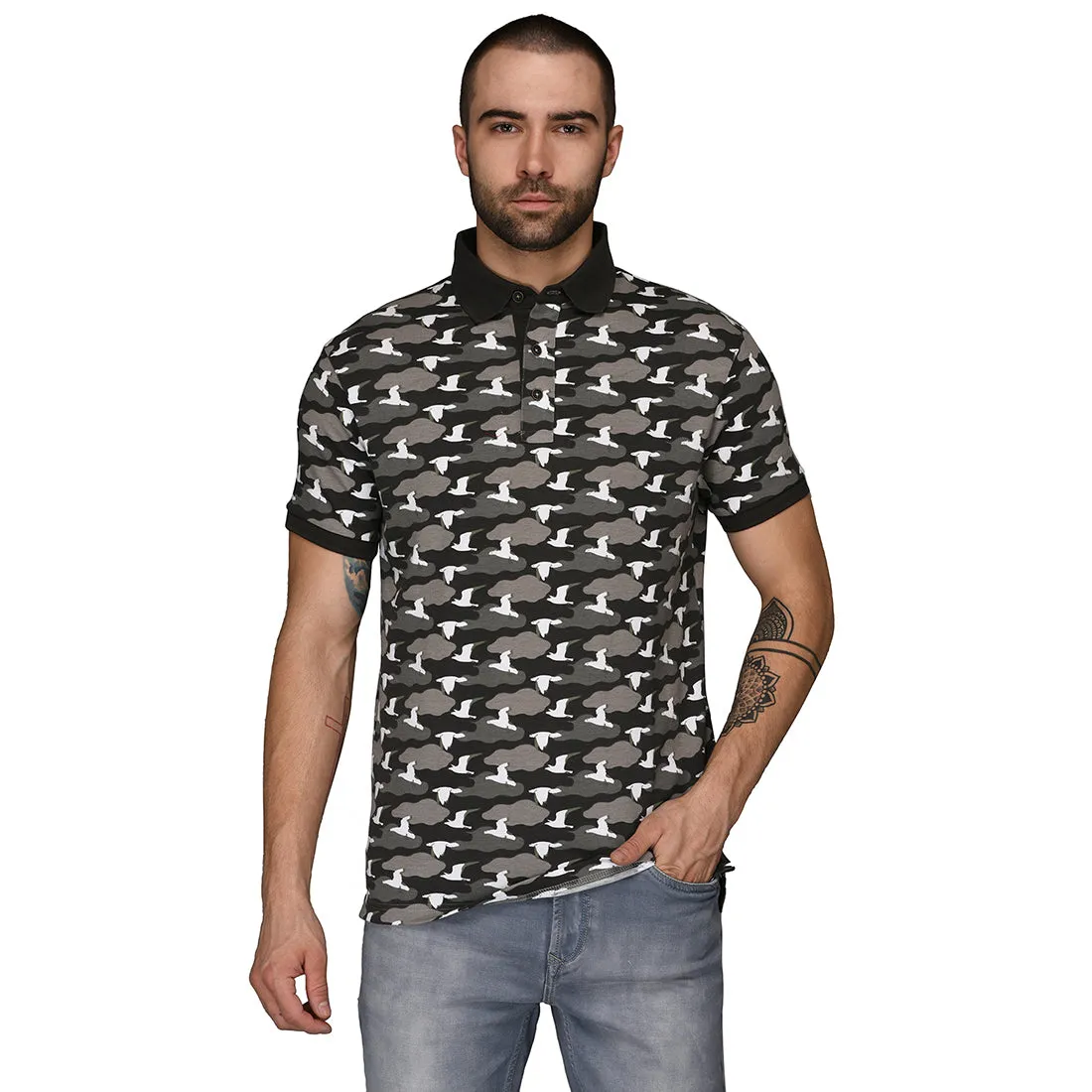 Black & Grey Printed Slim Fit Polo T-Shirt | JadeBlue
