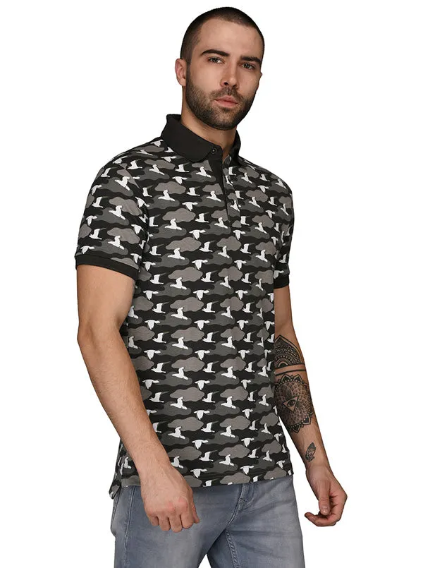 Black & Grey Printed Slim Fit Polo T-Shirt | JadeBlue
