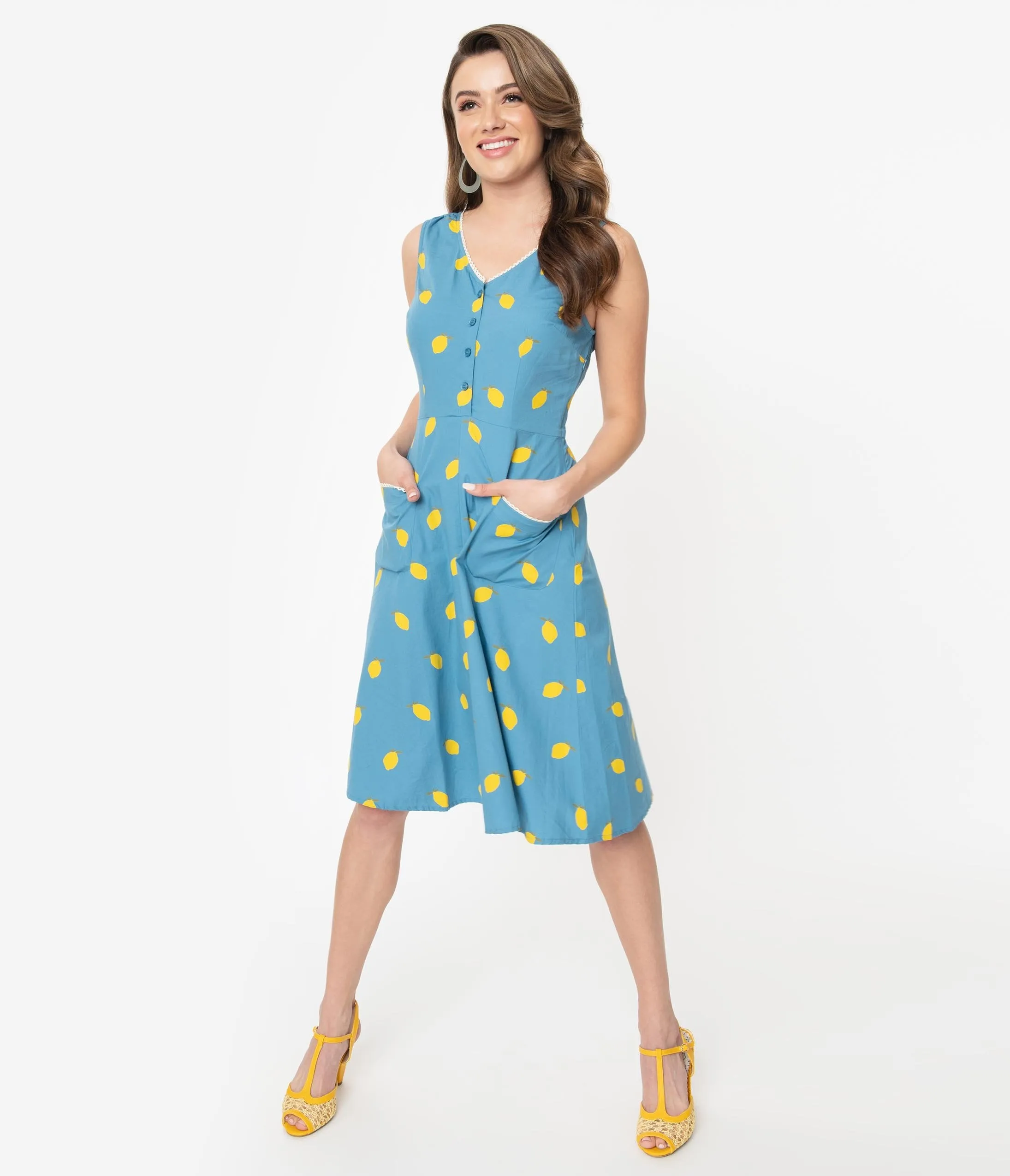 Blue & Yellow Lemons Print Harriet Summer Dress