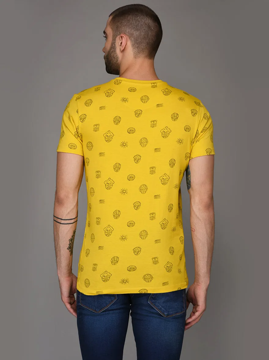 Bright Yellow Printed Slim Fit Round Neck T-Shirt | JadeBlue