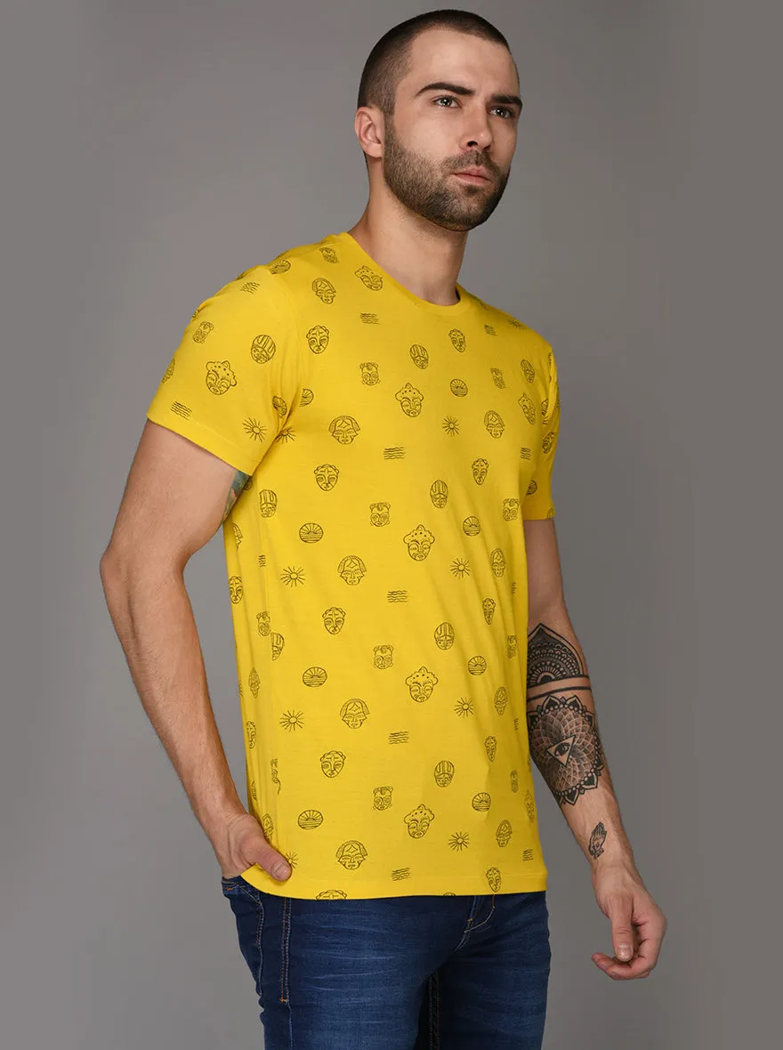Bright Yellow Printed Slim Fit Round Neck T-Shirt | JadeBlue