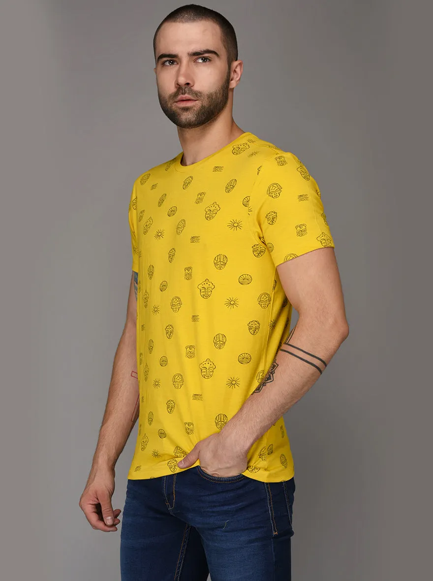 Bright Yellow Printed Slim Fit Round Neck T-Shirt | JadeBlue