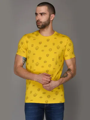 Bright Yellow Printed Slim Fit Round Neck T-Shirt | JadeBlue