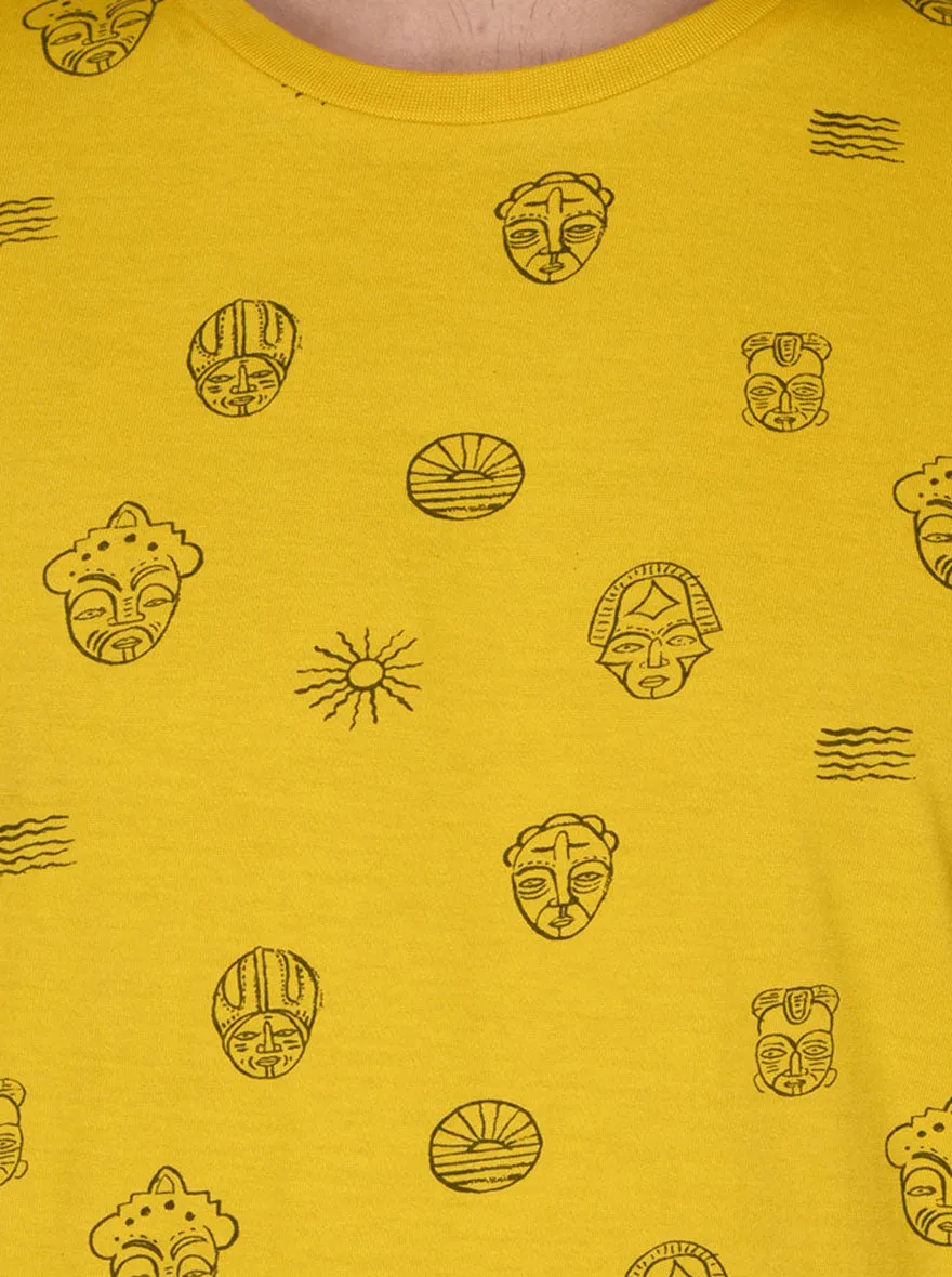 Bright Yellow Printed Slim Fit Round Neck T-Shirt | JadeBlue