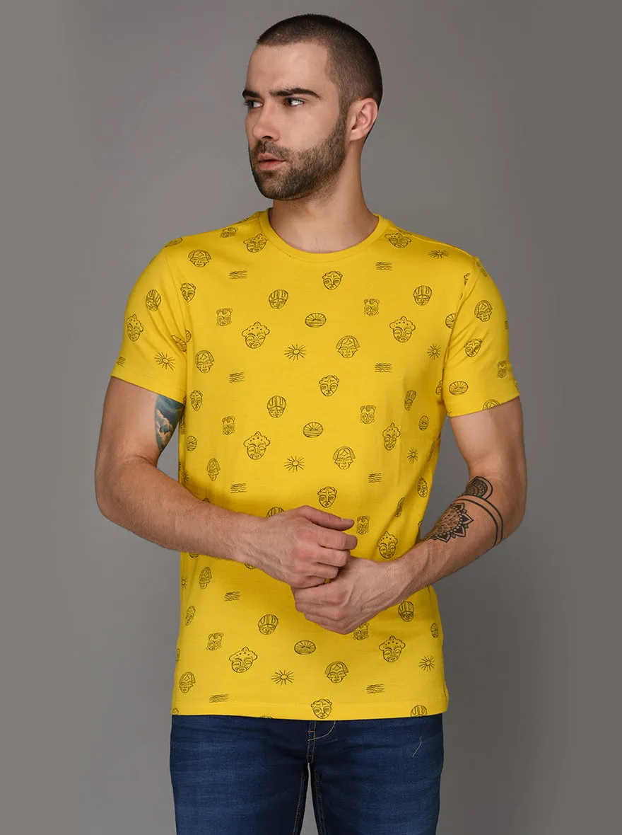 Bright Yellow Printed Slim Fit Round Neck T-Shirt | JadeBlue