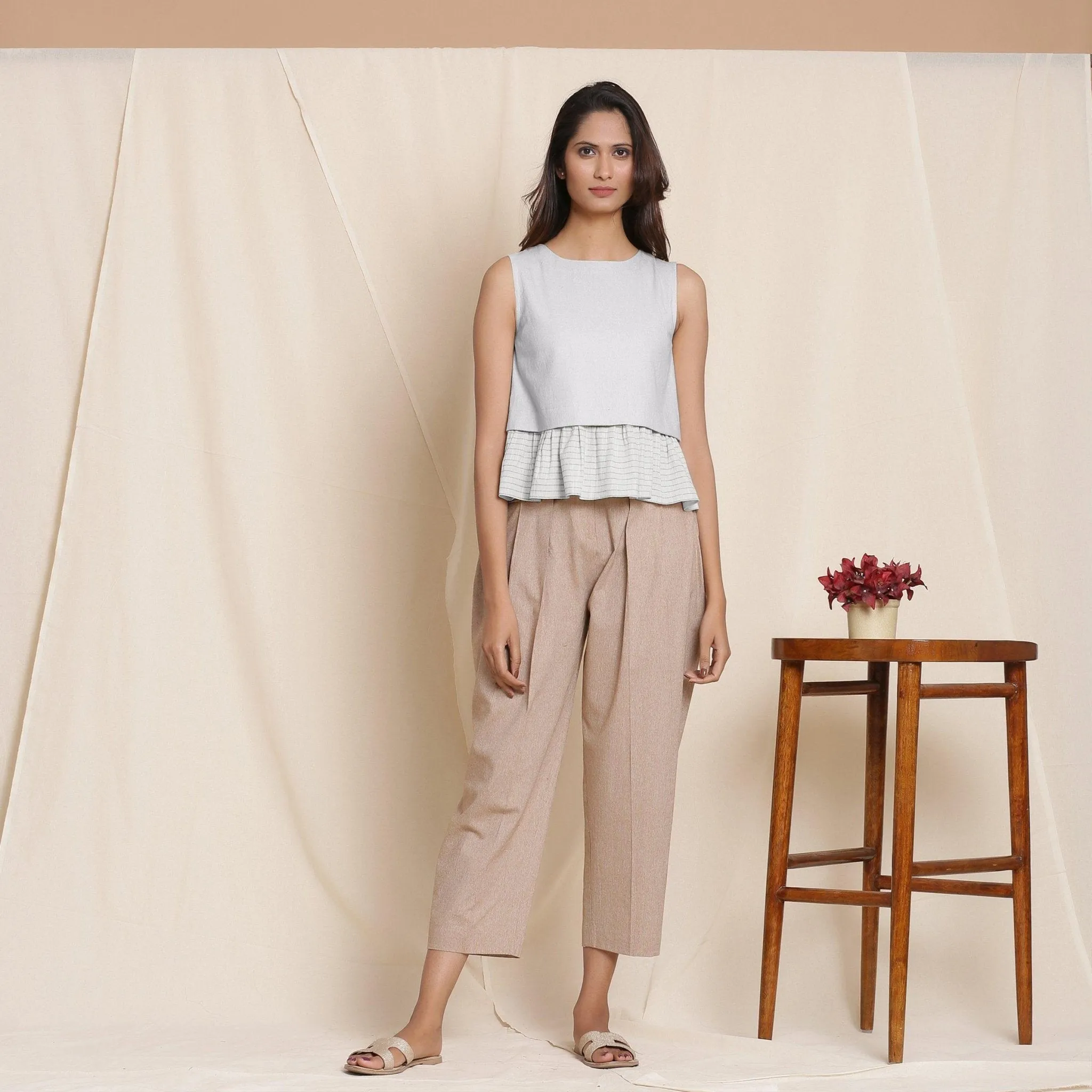 Cloudy Grey Warm Cotton Flannel Frilled Top