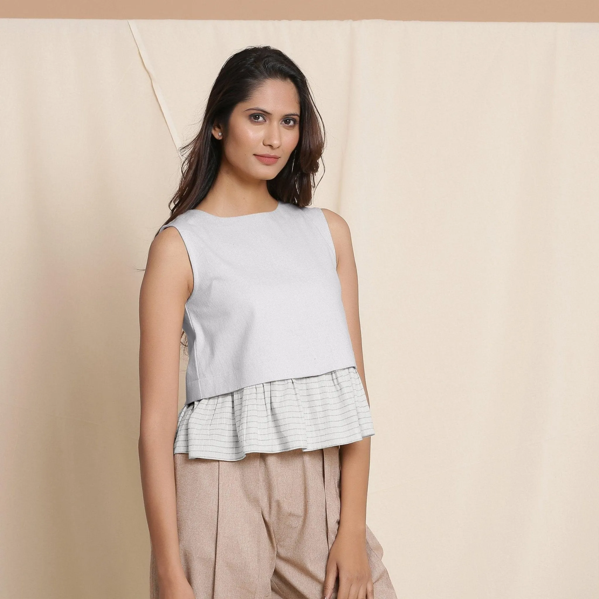 Cloudy Grey Warm Cotton Flannel Frilled Top