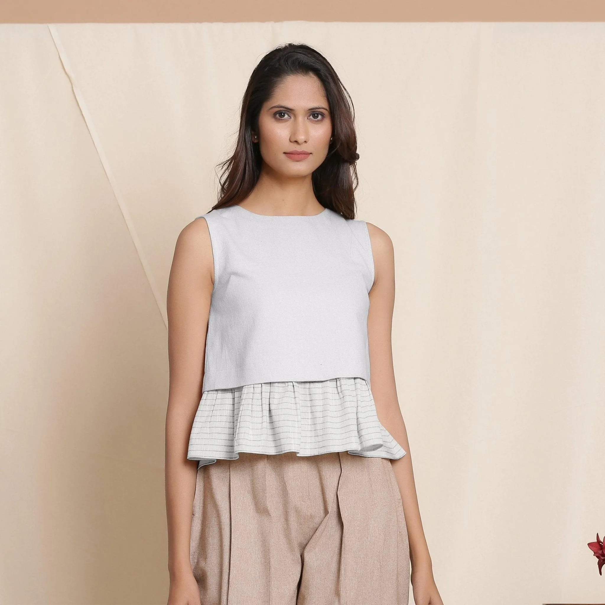 Cloudy Grey Warm Cotton Flannel Frilled Top