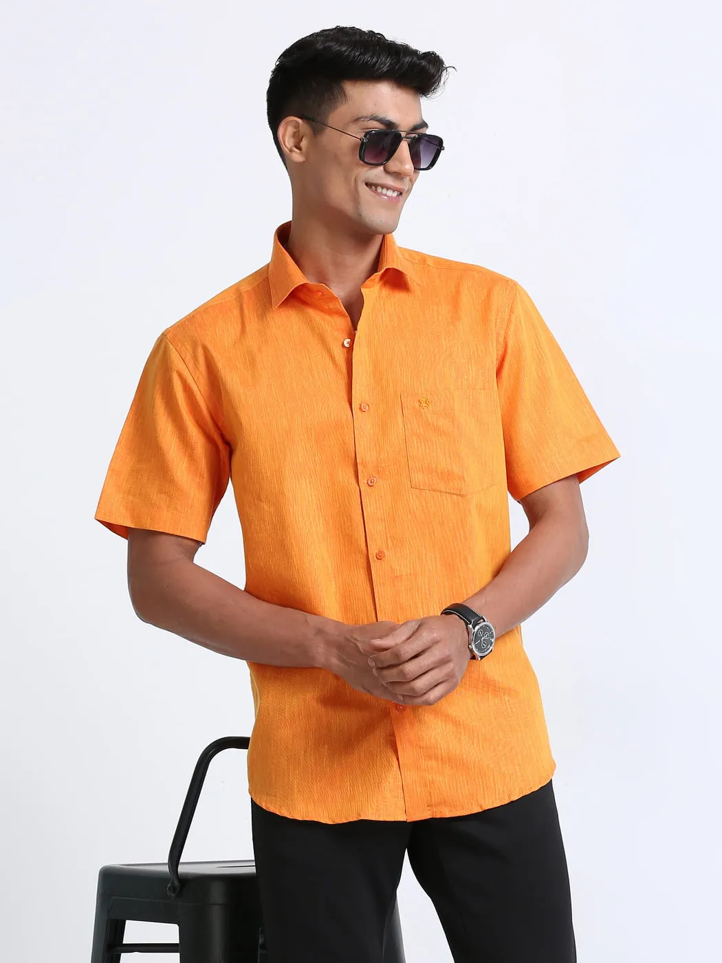 Cotton Linen Orange Colour Shirt Half Sleeve