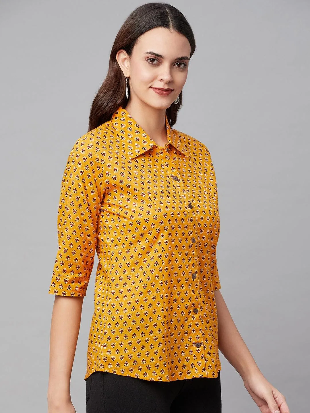 Divena Yellow Block Printed Casual Women Shirts