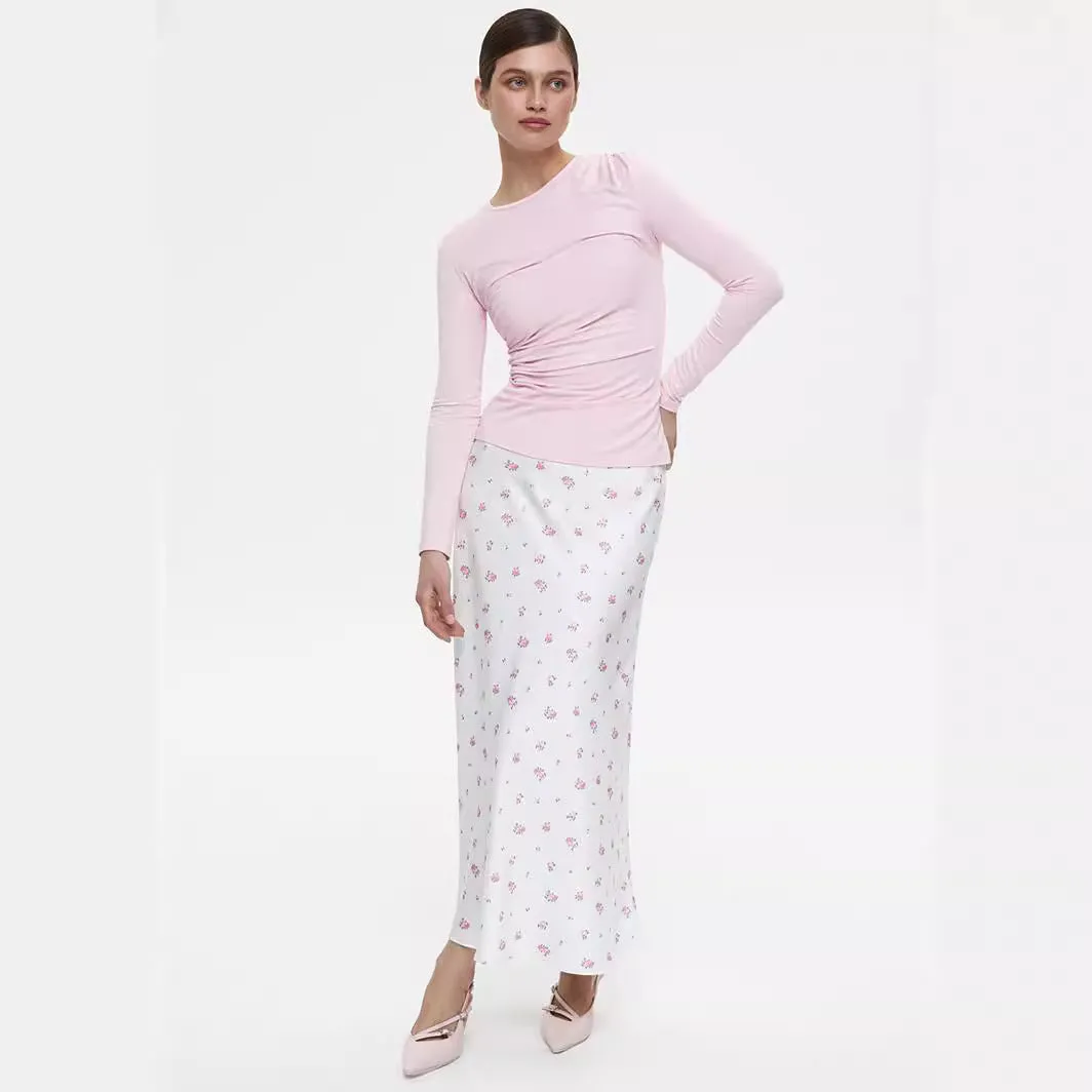 Elegant Floral Satin Printed High Waist Printed Skirt