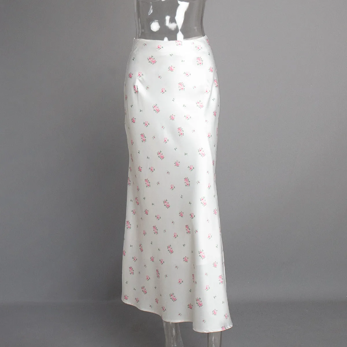Elegant Floral Satin Printed High Waist Printed Skirt