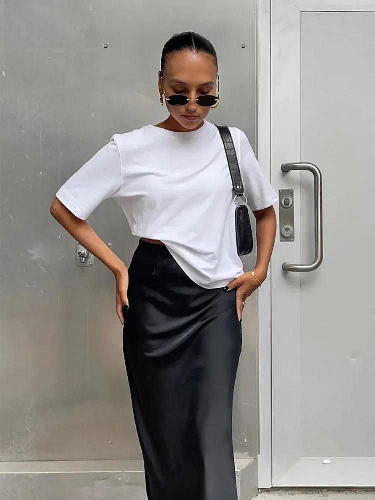 Elegant Satin Slim High Waist Solid Office Long Trumpet Skirt