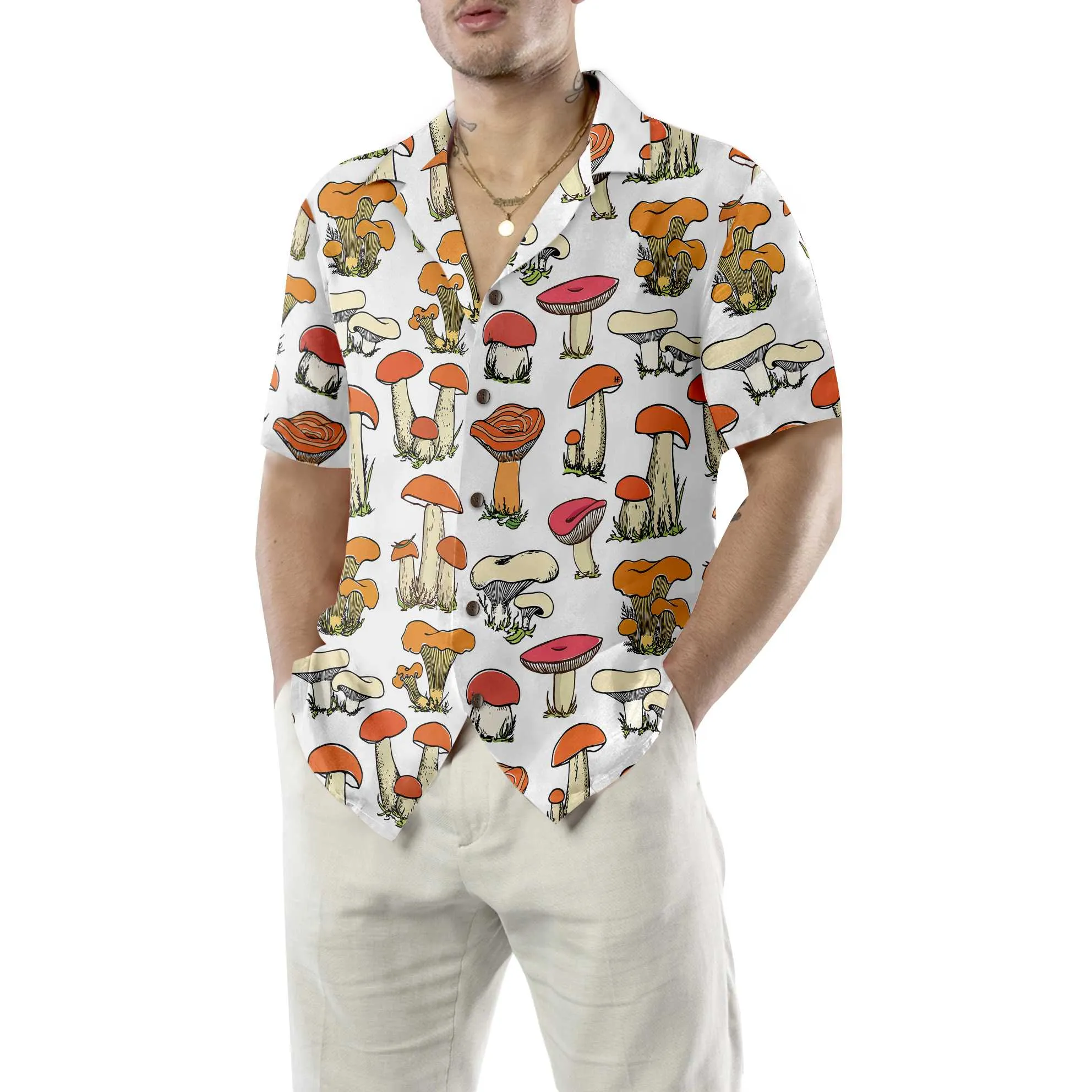 Hand Drawn Wild Mushrooms Hawaiian Shirt, Unique Mushroom Shirt, Mushroom Print Shirt