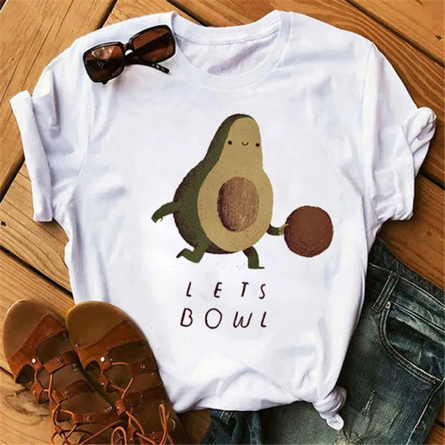 Maycaur New Women T-Shirts Summer Cute Avocado Printed Tops Tees Female T-shirt Short Sleeve White Tshirt for Lady Casual Tops