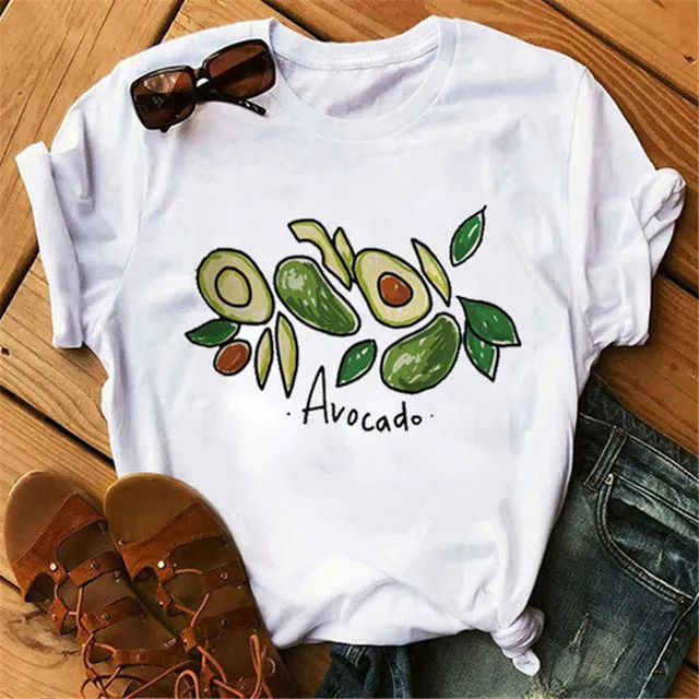 Maycaur New Women T-Shirts Summer Cute Avocado Printed Tops Tees Female T-shirt Short Sleeve White Tshirt for Lady Casual Tops