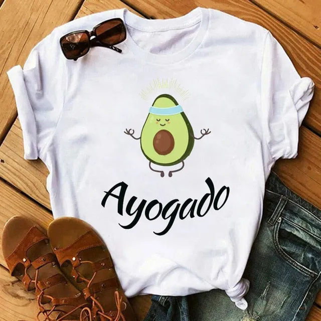 Maycaur New Women T-Shirts Summer Cute Avocado Printed Tops Tees Female T-shirt Short Sleeve White Tshirt for Lady Casual Tops