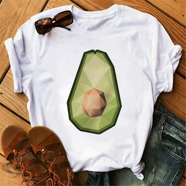 Maycaur New Women T-Shirts Summer Cute Avocado Printed Tops Tees Female T-shirt Short Sleeve White Tshirt for Lady Casual Tops