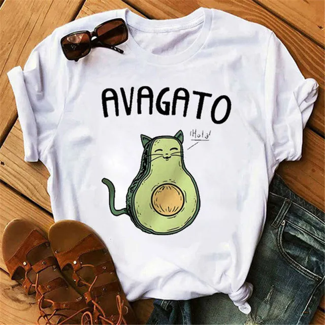 Maycaur New Women T-Shirts Summer Cute Avocado Printed Tops Tees Female T-shirt Short Sleeve White Tshirt for Lady Casual Tops