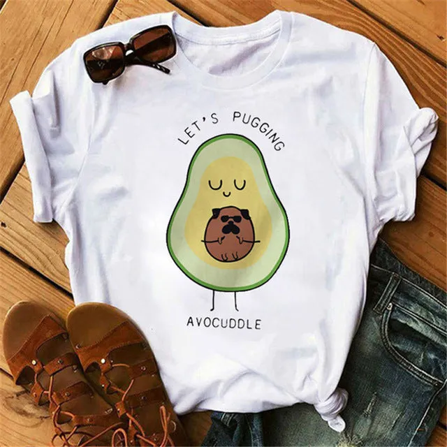 Maycaur New Women T-Shirts Summer Cute Avocado Printed Tops Tees Female T-shirt Short Sleeve White Tshirt for Lady Casual Tops