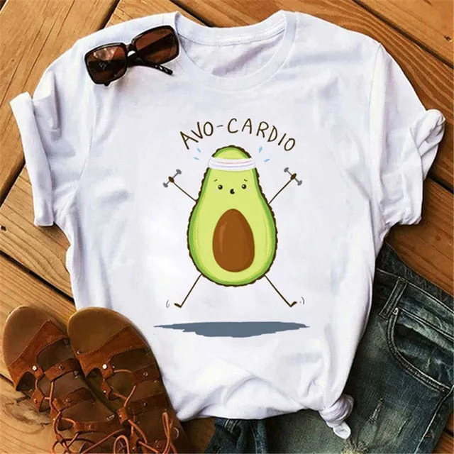 Maycaur New Women T-Shirts Summer Cute Avocado Printed Tops Tees Female T-shirt Short Sleeve White Tshirt for Lady Casual Tops