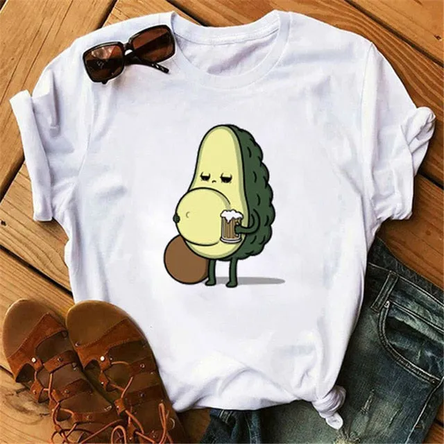 Maycaur New Women T-Shirts Summer Cute Avocado Printed Tops Tees Female T-shirt Short Sleeve White Tshirt for Lady Casual Tops