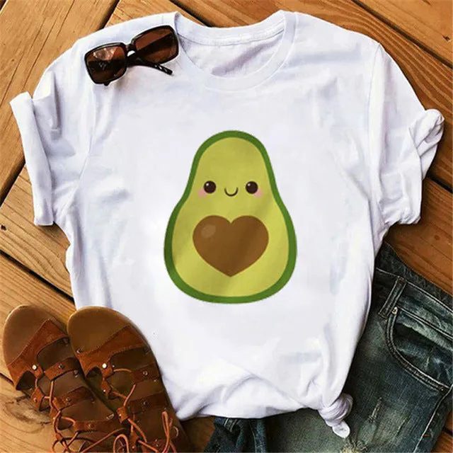 Maycaur New Women T-Shirts Summer Cute Avocado Printed Tops Tees Female T-shirt Short Sleeve White Tshirt for Lady Casual Tops