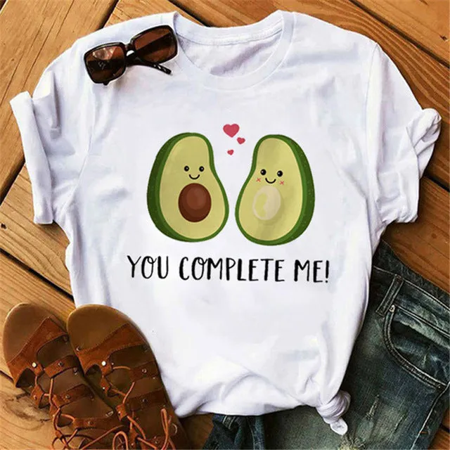 Maycaur New Women T-Shirts Summer Cute Avocado Printed Tops Tees Female T-shirt Short Sleeve White Tshirt for Lady Casual Tops