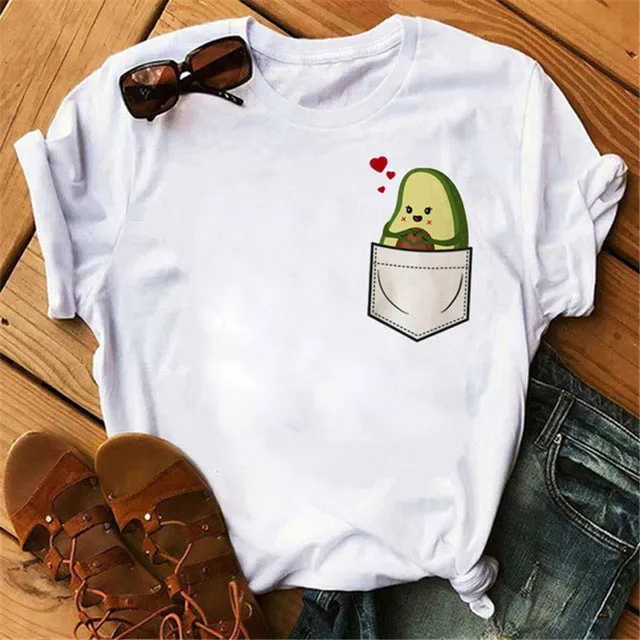 Maycaur New Women T-Shirts Summer Cute Avocado Printed Tops Tees Female T-shirt Short Sleeve White Tshirt for Lady Casual Tops