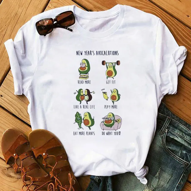 Maycaur New Women T-Shirts Summer Cute Avocado Printed Tops Tees Female T-shirt Short Sleeve White Tshirt for Lady Casual Tops
