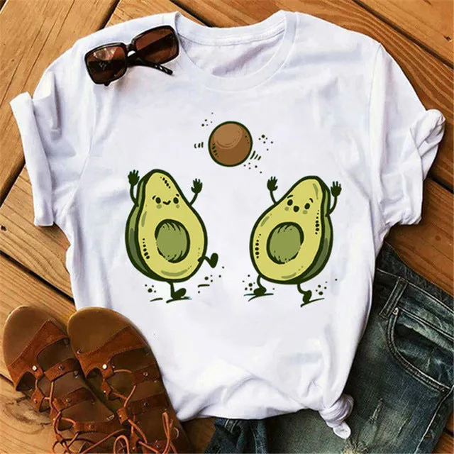 Maycaur New Women T-Shirts Summer Cute Avocado Printed Tops Tees Female T-shirt Short Sleeve White Tshirt for Lady Casual Tops