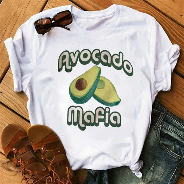Maycaur New Women T-Shirts Summer Cute Avocado Printed Tops Tees Female T-shirt Short Sleeve White Tshirt for Lady Casual Tops