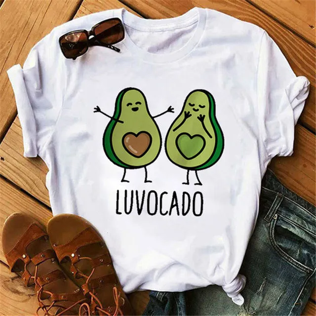 Maycaur New Women T-Shirts Summer Cute Avocado Printed Tops Tees Female T-shirt Short Sleeve White Tshirt for Lady Casual Tops