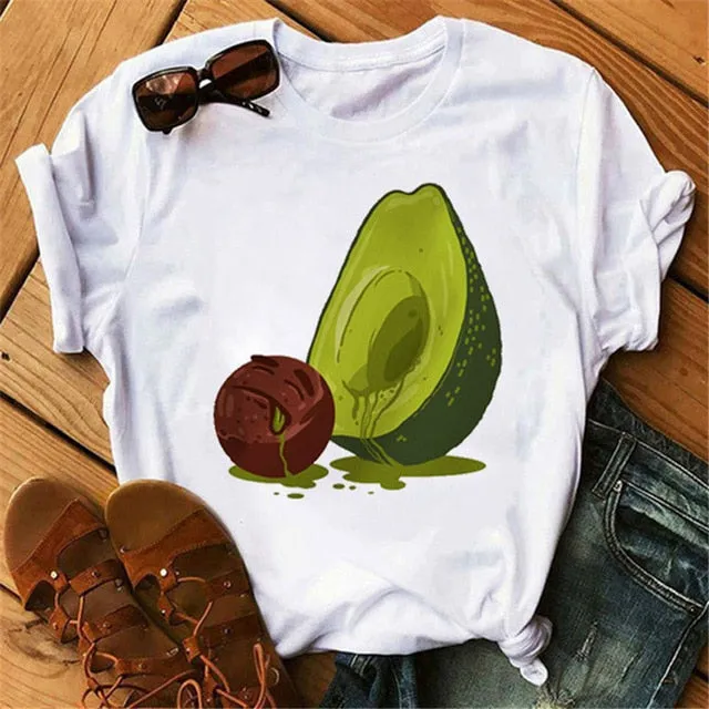 Maycaur New Women T-Shirts Summer Cute Avocado Printed Tops Tees Female T-shirt Short Sleeve White Tshirt for Lady Casual Tops