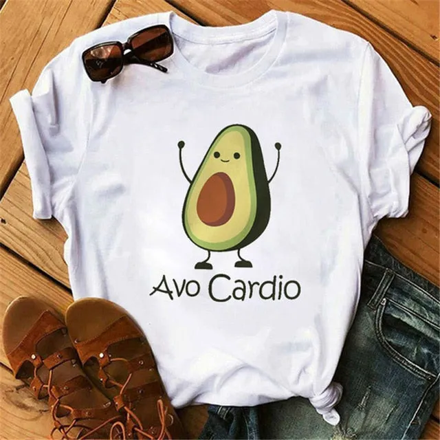 Maycaur New Women T-Shirts Summer Cute Avocado Printed Tops Tees Female T-shirt Short Sleeve White Tshirt for Lady Casual Tops