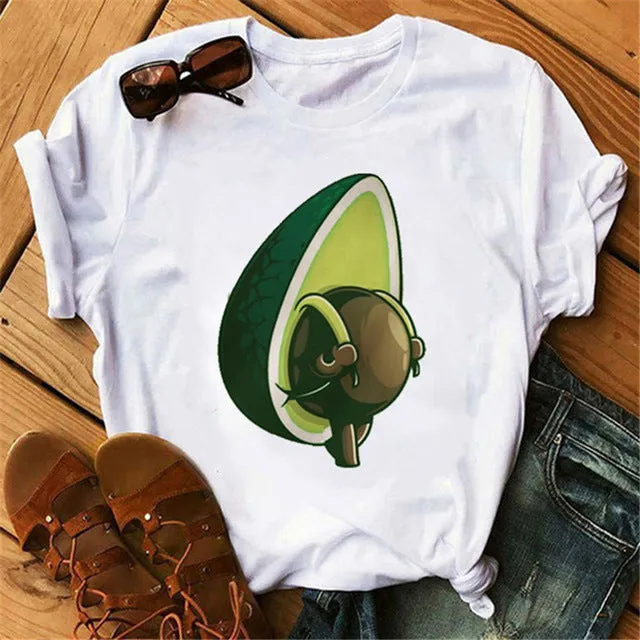 Maycaur New Women T-Shirts Summer Cute Avocado Printed Tops Tees Female T-shirt Short Sleeve White Tshirt for Lady Casual Tops