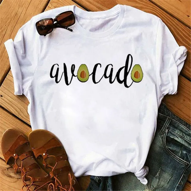 Maycaur New Women T-Shirts Summer Cute Avocado Printed Tops Tees Female T-shirt Short Sleeve White Tshirt for Lady Casual Tops