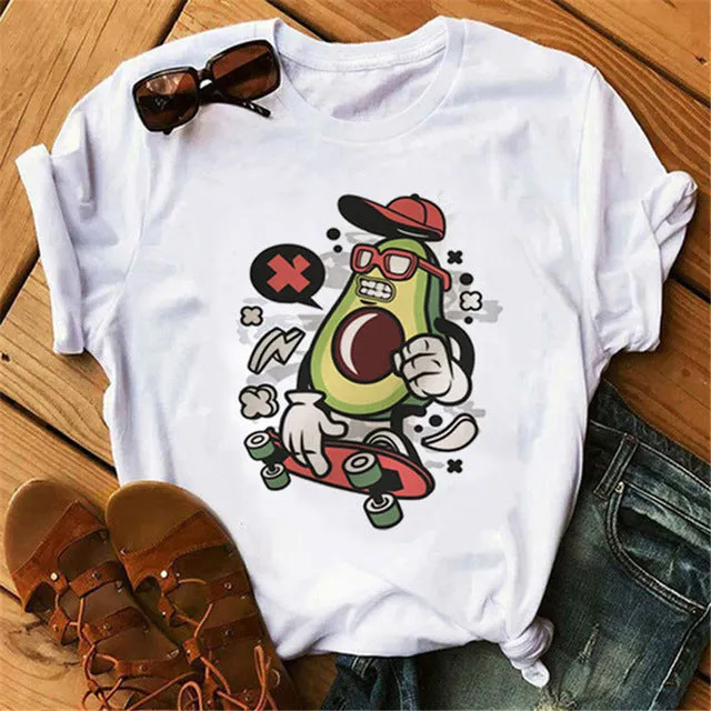 Maycaur New Women T-Shirts Summer Cute Avocado Printed Tops Tees Female T-shirt Short Sleeve White Tshirt for Lady Casual Tops