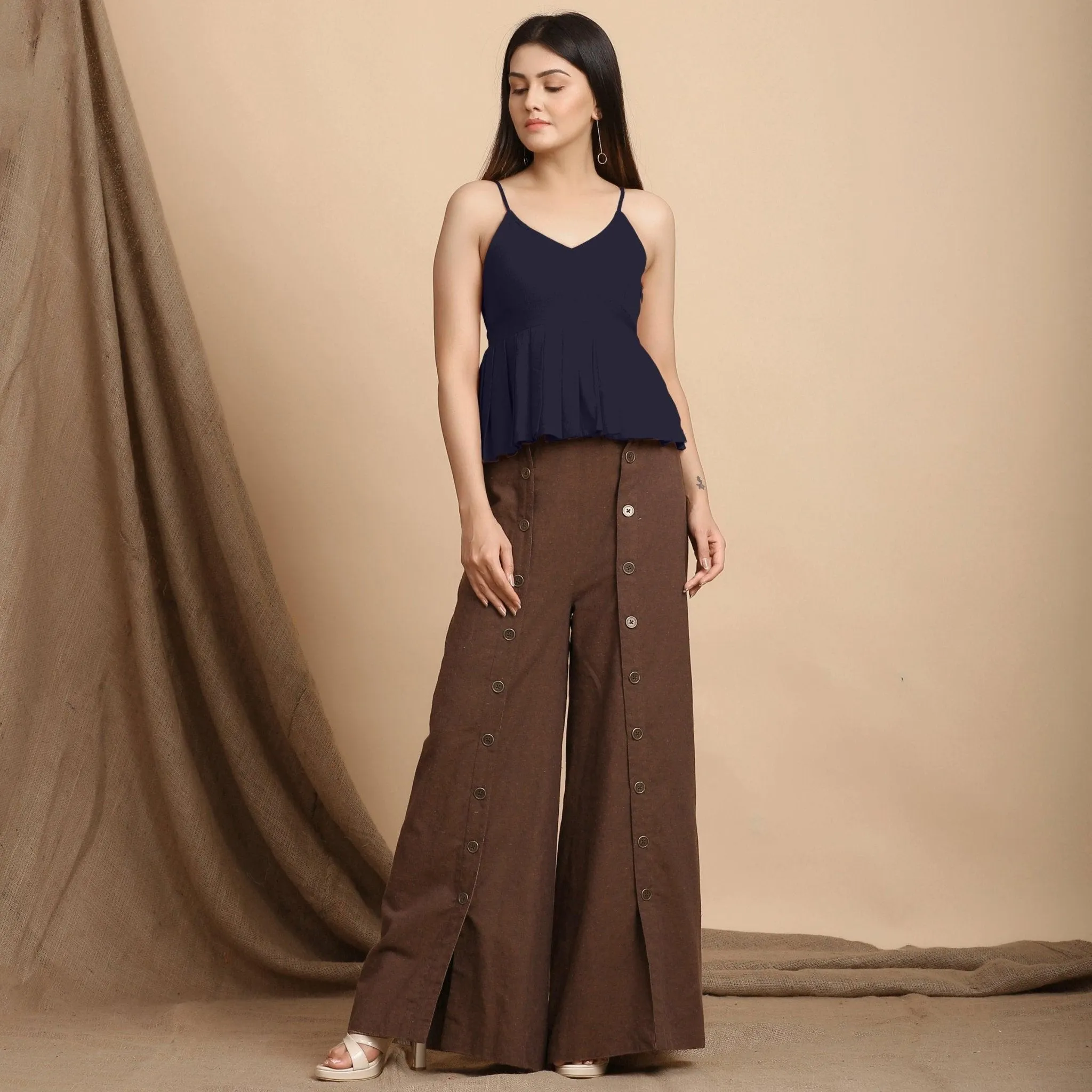 Navy Blue Cotton Flax Pleated Camisole Top